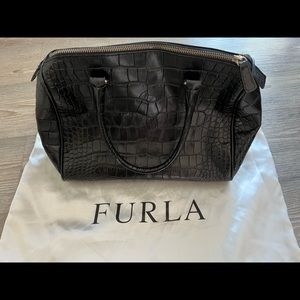 Furla black leather alligator print bag